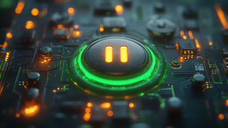 A glossy power button icon with a light reflection effect on a neon green backdropの素材