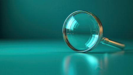 A glowing magnifying glass icon with a light reflection, placed on a soft green backdropの素材