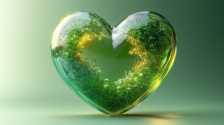 A glossy heart icon with a metallic finish on a bright green backgroundの素材