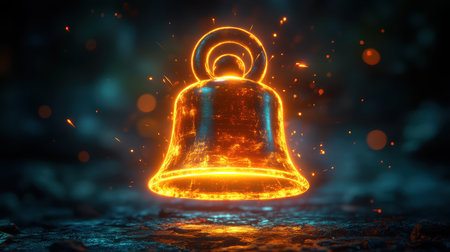 A glowing bell notification icon with a light burst effect on a dark green backdropの素材