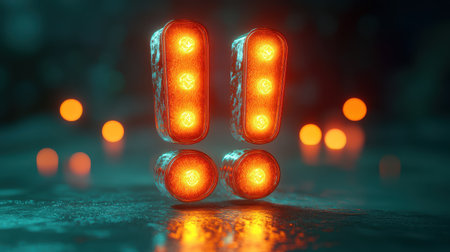 A glowing exclamation mark icon with a soft outer glow on a bright green backdropの素材