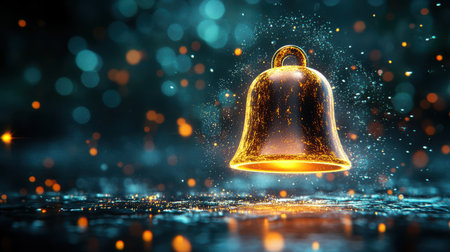 A glowing bell notification icon with a light burst effect on a dark green backdropの素材