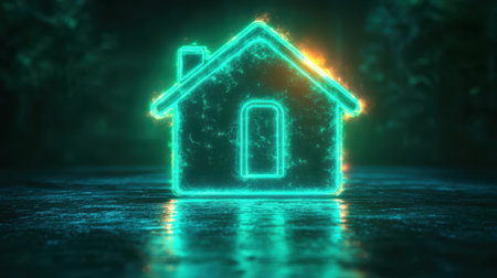 A glossy home icon with a subtle shadow on a neon green backgroundの素材