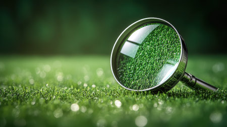 A magnifying glass icon with a lens flare effect on a lime green backgroundの素材