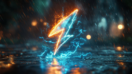 A lightning bolt icon with a glowing neon effect on a dark green backgroundの素材