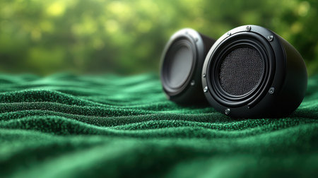 A loudspeaker icon with a soundwave effect on a vivid green backgroundの素材