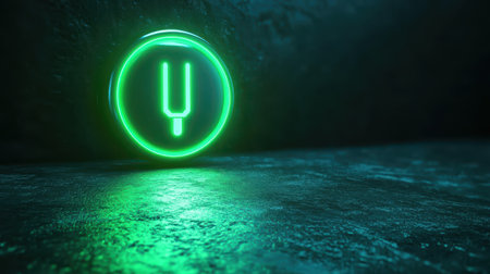 A glowing power button icon with light rays on a vivid green backdropの素材