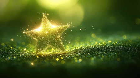 A glowing star icon with a sparkling effect, placed on a lime green backdropの素材