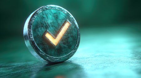 A shiny checkmark icon with a glowing outline on a bright green backgroundの素材