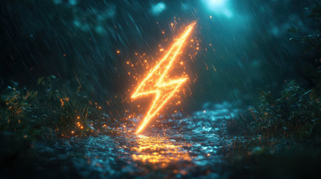 A lightning bolt icon with a glowing neon effect on a dark green backgroundの素材