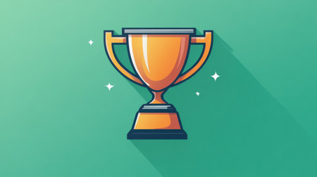 A shining trophy icon with a metallic finish on a gradient green backgroundの素材