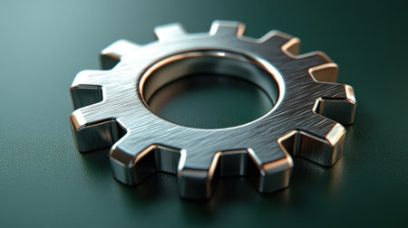 A shiny settings gear icon with a 3D effect on a solid green backgroundの素材