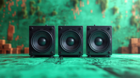 A loudspeaker icon with a soundwave effect on a vivid green backgroundの素材