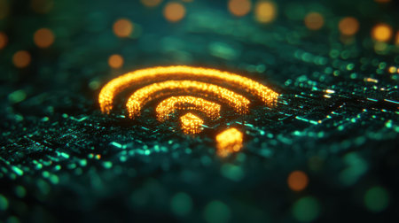 A glowing wifi signal icon with a pulsating effect on a bright green backgroundの素材