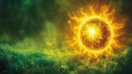 A glowing sun icon with a radiant effect on a lime green backgroundの素材