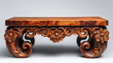 A handcrafted wooden coffee table with decorative carvings on a white backgroundの素材