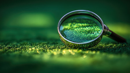 A magnifying glass with a glowing lens effect on a lime green backgroundの素材