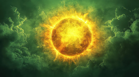 A glowing sun icon with a radiant effect on a lime green backgroundの素材