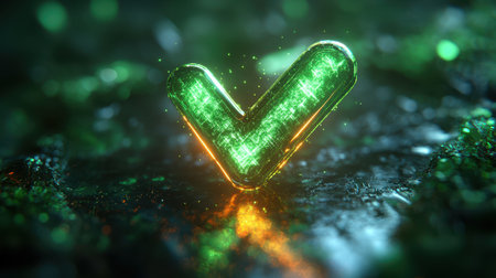 A shiny checkmark icon with a glowing outline on a bright green backgroundの素材