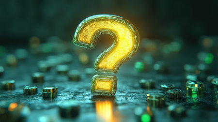 A shiny question mark icon with a glowing outline, placed on a lime green backdropの素材