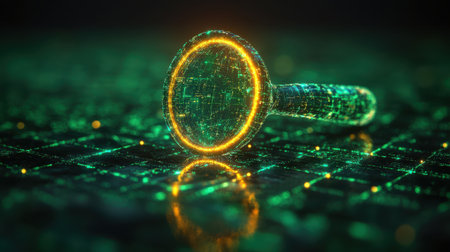 A shiny search icon with a glowing outline on a bright green backgroundの素材