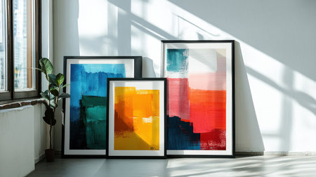 Abstract framed art prints leaning against a white background, showcasing modern home decorの素材