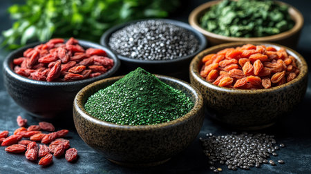 Close up of vibrant superfoods like spirulina, goji berries, and chia seedsの素材