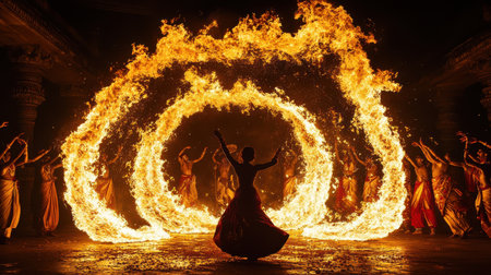 An image of fire swirling around a traditional Indian dance performance, capturing the energy and intensity of the momentの素材