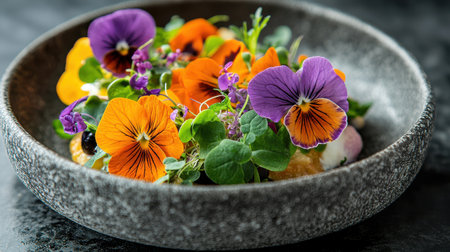 An intricate dish featuring edible flowers and microgreensの素材