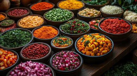 A vibrant spread of Ayurvedic foods meant to balance the body and mindの素材