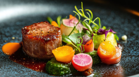 Artistic plating of a healthy, plant based meal in a fine dining settingの素材