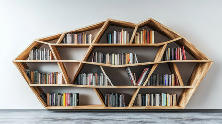 Contemporary wooden bookshelf with geometric design on a clean white backgroundの素材