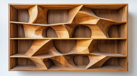 Contemporary wooden bookshelf with geometric design on a clean white backgroundの素材