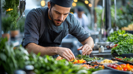 Chef preparing farm to table dishes in an open kitchenの素材