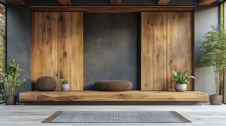 Minimalist wooden wardrobe with sliding doors on a clean white backgroundの素材