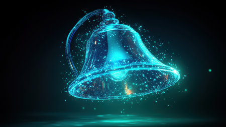 A glowing bell icon with a pulse effect, isolated on a vibrant green backgroundの素材