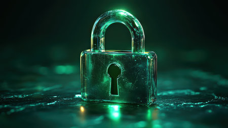 A shiny lock icon with a metallic glow, isolated on a green gradient backgroundの素材