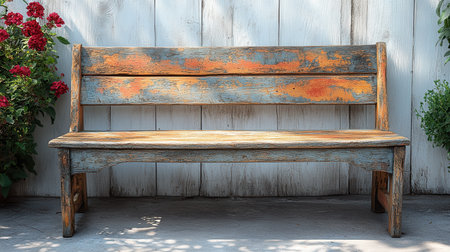 A rustic wooden bench with a weathered finish, placed on a white backdropの素材