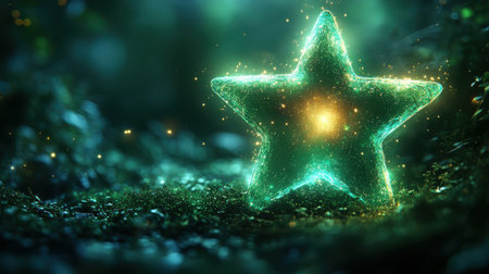 A glowing star icon with a soft outer glow effect on a green backgroundの素材