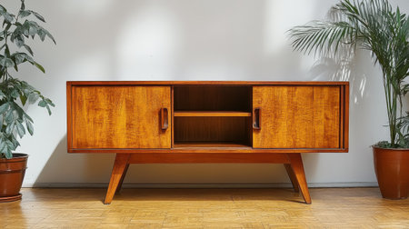 A sleek wooden credenza with sliding doors and angled legs, placed on a white backgroundの素材