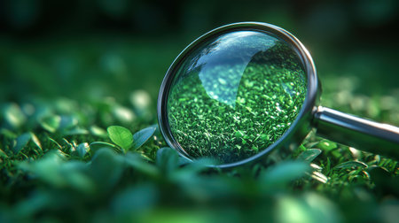 A glossy search icon with a light reflection effect on a gradient green backgroundの素材