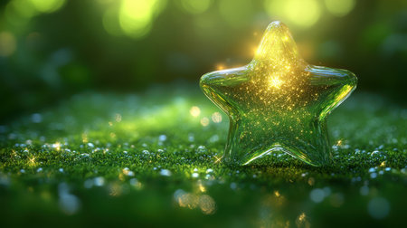 A glowing star icon with a sparkling effect, placed on a lime green backdropの素材