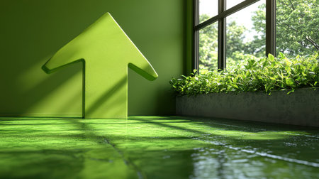 A shiny arrow pointing upwards with a soft shadow on a lime green backgroundの素材