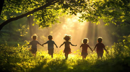 A group of happy kids playing outdoors, surrounded by nature and bright sunlightの素材
