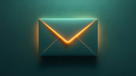A glowing email envelope icon with a subtle shadow on a gradient green backdropの素材