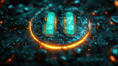 A glowing power button icon with a light burst effect on a neon green backgroundの素材