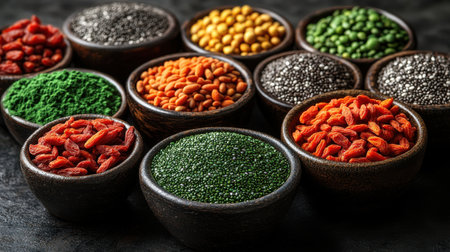 Close up of vibrant superfoods like spirulina, goji berries, and chia seedsの素材