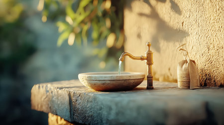 A vintage drinking fountain on a stone wall in a rural village, with worn stone and old-world charm.の素材