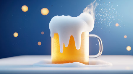 Close-up of a draft beer being poured into a frosty mug, foam cascading down.の素材