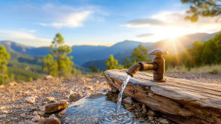 Rustic drinking fountain on a hiking trail, with fresh mountain scenery in the background.の素材